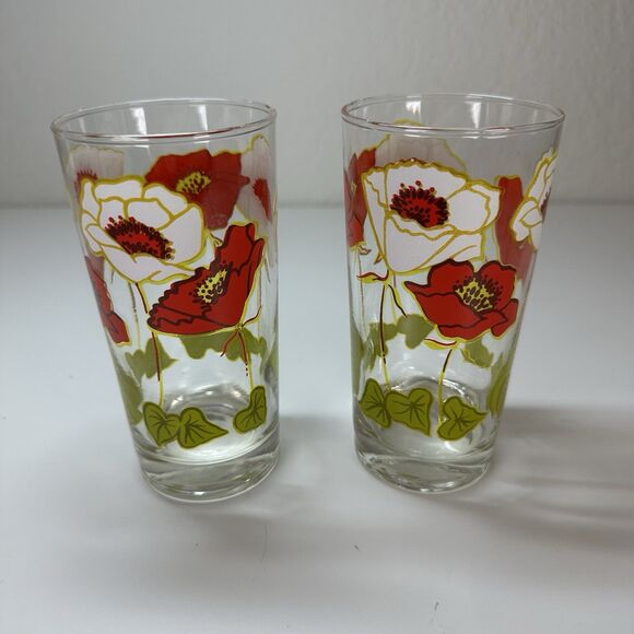 Vtg Dominion Glass Co. "Flower of the Month" August Poppy Tumbler 2 Retro MCM - Picture 1 of 7